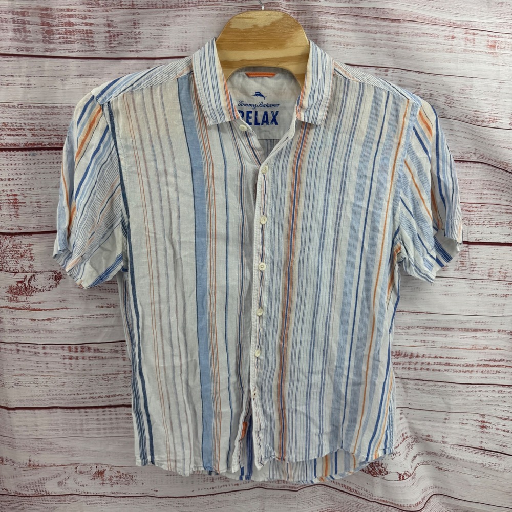 Tommy Bahama Relax Shirt Mens XL Short Sleeve Button Down Linen Stripped